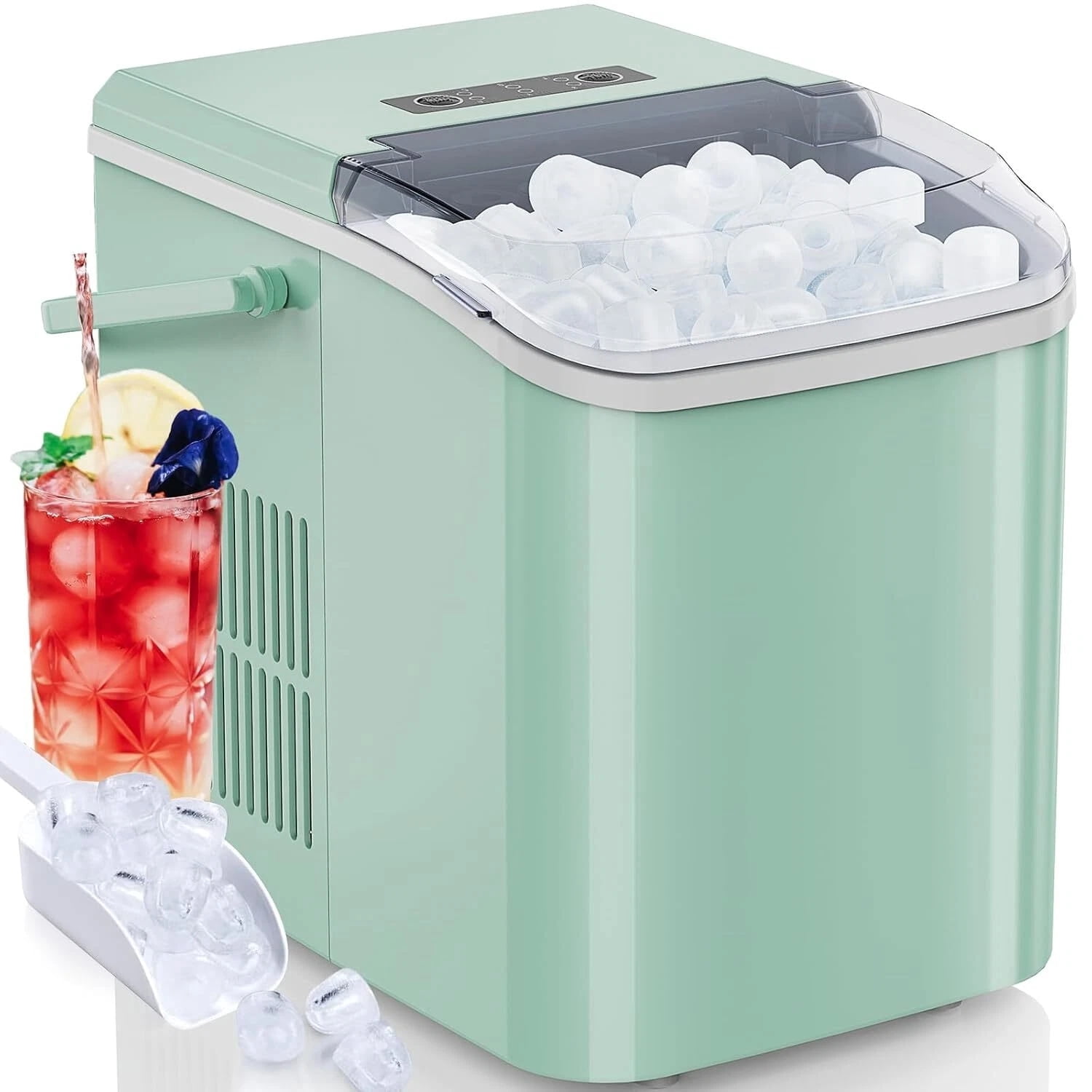 Countertop Ice Maker Portable Machine with Self-Cleaning, 26lbs/24hr, 2 Ice Sizes, Basket & Scoop, Compact Design with Handle for Kitchen, Office, Camping, Green
