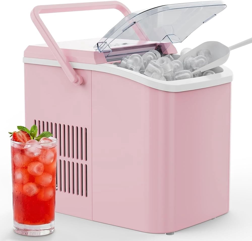 Countertop Ice Maker Portable Machine with Self-Cleaning, 26lbs/24hr, 2 Ice Sizes, Basket & Scoop, Compact Design with Handle for Kitchen, Office, Camping, Pink
