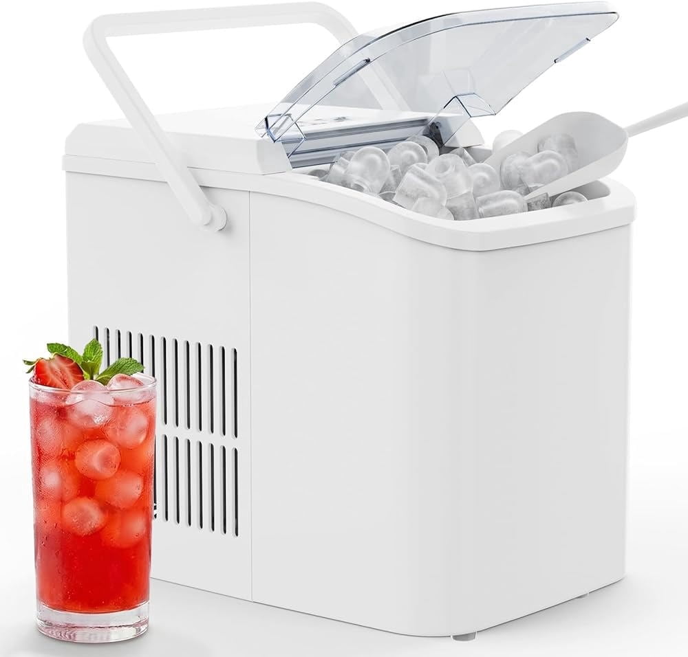 Countertop Ice Maker Portable Machine with Self-Cleaning, 26lbs/24hr, 2 Ice Sizes, Basket & Scoop, Compact Design with Handle for Kitchen, Office, Camping, White