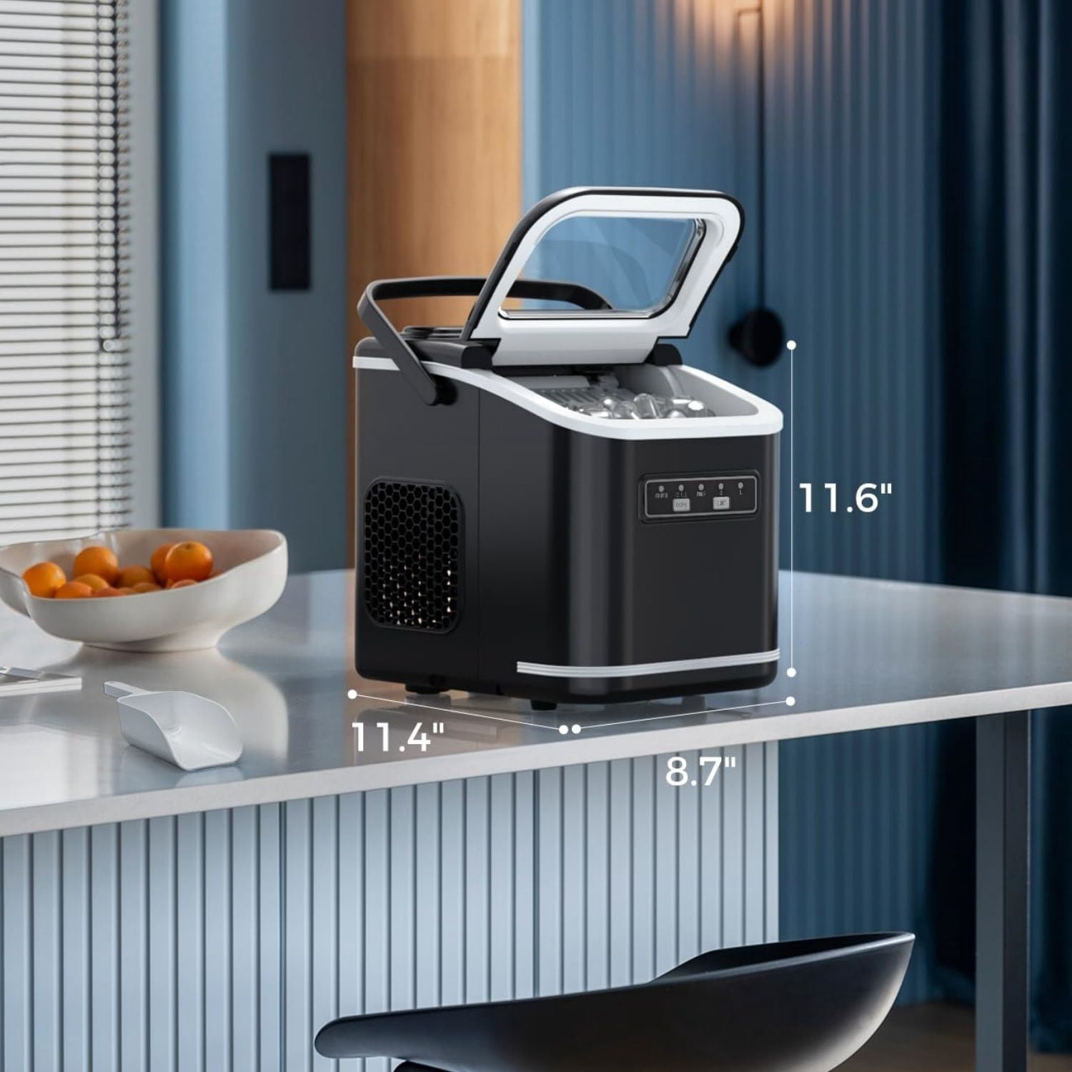 Countertop Ice Maker, Portable, Self-Cleaning, 9 Bullet Ice Cubes in 6 Mins, 26lbs/24Hrs, Ice Maker Machine with Ice Bags, Handle, Standing Scoop and Basket, Black