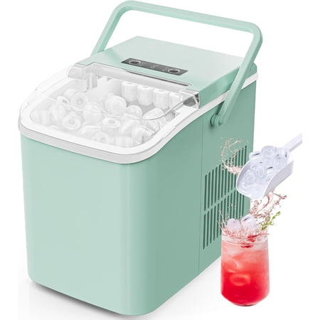 Countertop Ice Maker with Scoop, Basket and Handle, Portable Ice Machine 9 Ice Cubes Ready in 6 Mins, 26.5lbs in 24Hrs, 2 Sizes for Home Kitchen Office Bar Party, Green