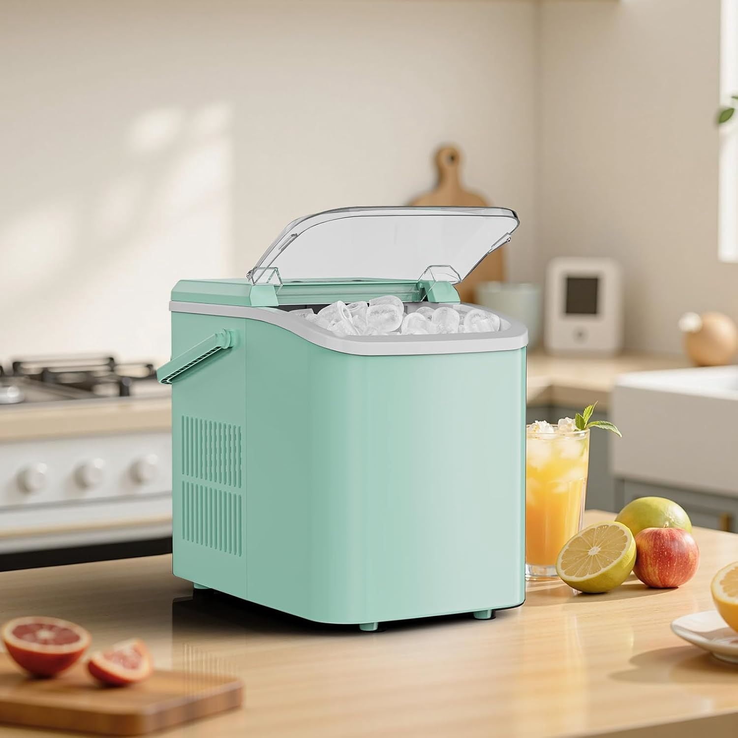 Countertop Ice Maker with Scoop, Basket and Handle, Portable Ice Machine 9 Ice Cubes Ready in 6 Mins, 26.5lbs in 24Hrs, 2 Sizes for Home Kitchen Office Bar Party, Green