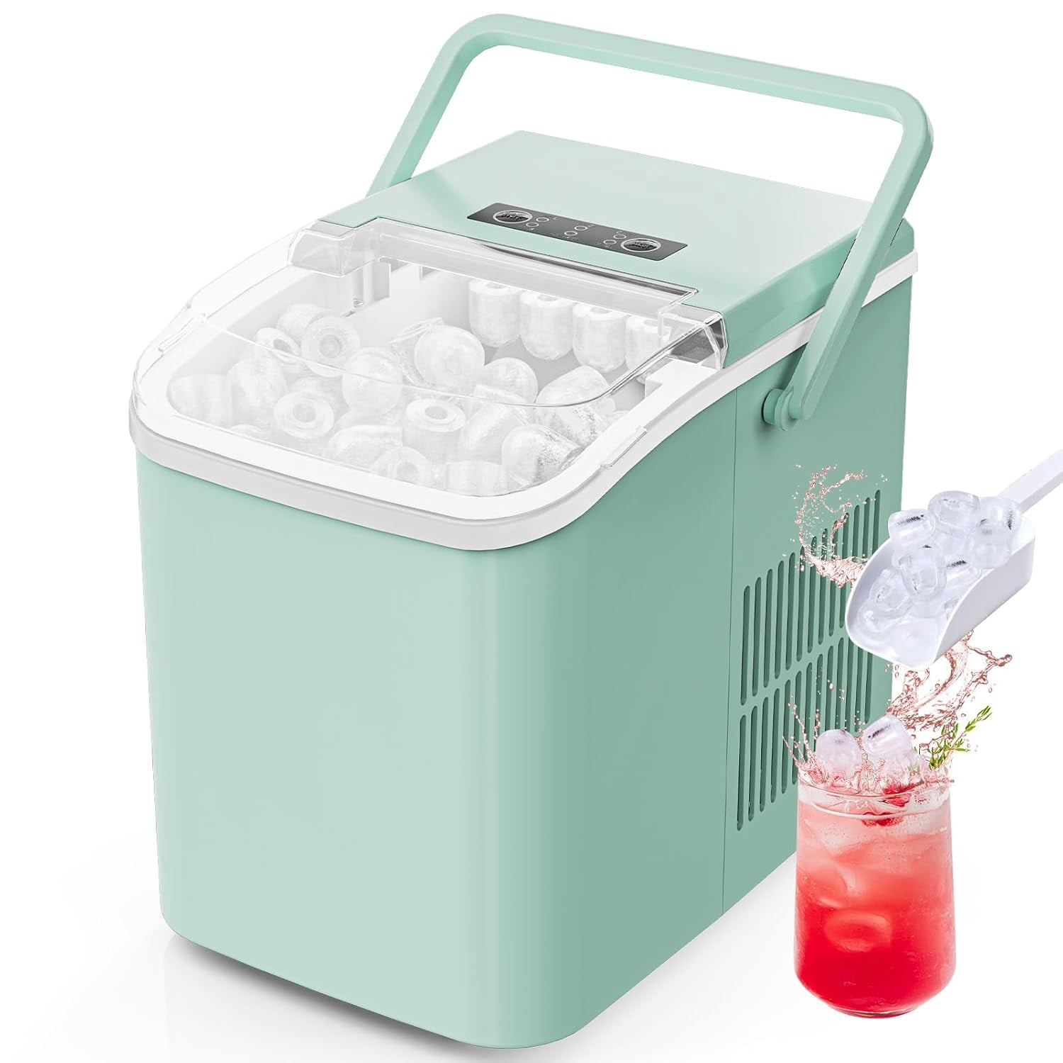 Countertop Ice Maker with Scoop and Basket, Portable Ice Machine Makes 9 Cubes in 6 Minutes, 26.5lbs per Day, 2 Cube Sizes for Home Kitchen Office Bar, Green