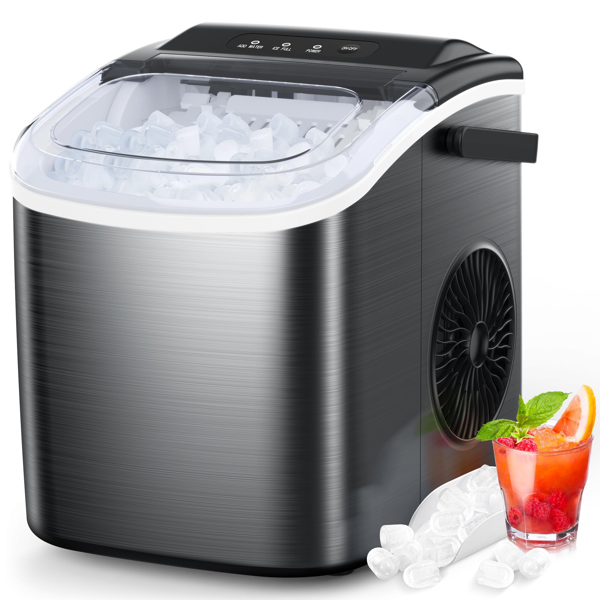 Compact Self-Cleaning Countertop Ice Maker – Stainless Steel Finish