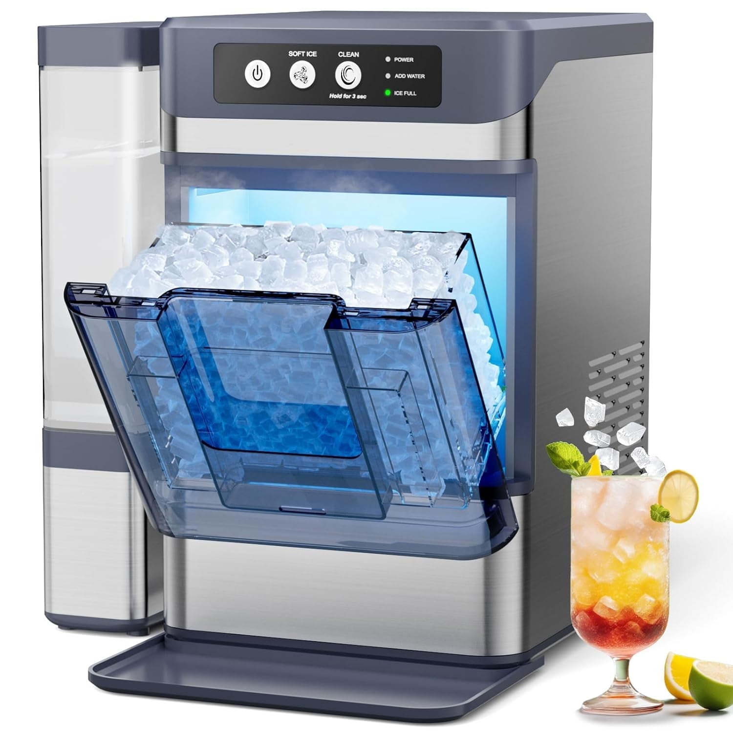 Countertop Ice Maker, Self-Cleaning Nugget Ice Machine for Home, 43Lbs/24H, Soft Chewable Pellet Ice, Stainless Steel, Portable for Kitchen Office Bar