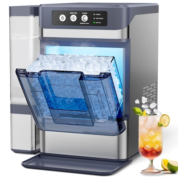 Countertop Ice Maker, Self-Cleaning Nugget Ice Machine for Home, 43Lbs/24H, Soft Chewable Pellet Ice, Stainless Steel, Portable for Kitchen Office Bar