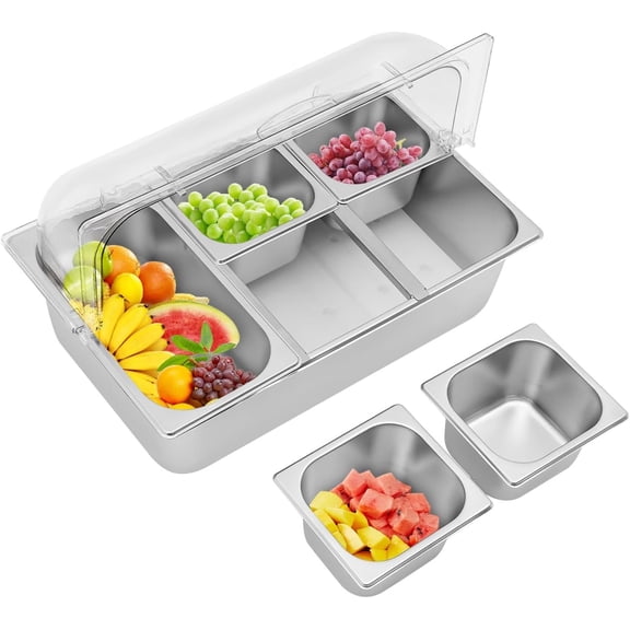 Countertop Ice Serving Display Container Salad Dressing Cooler Stainless Steel Condiment Dispenser Display Rack with Ice Packs Spoons Clamps Lid for Salad Buffet Restaurant (5 Pan)