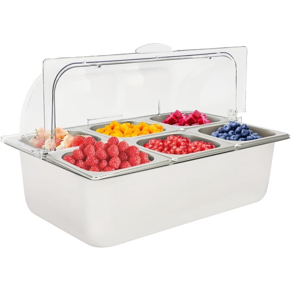 Countertop Ice  Serving Display Container Stainless Steel Buffet Condiment Dispenser Display Rack 6 Pans Chilled Veggie Tray with Roll Top Cover for Salad Restaurant Hotel(6 Pans)