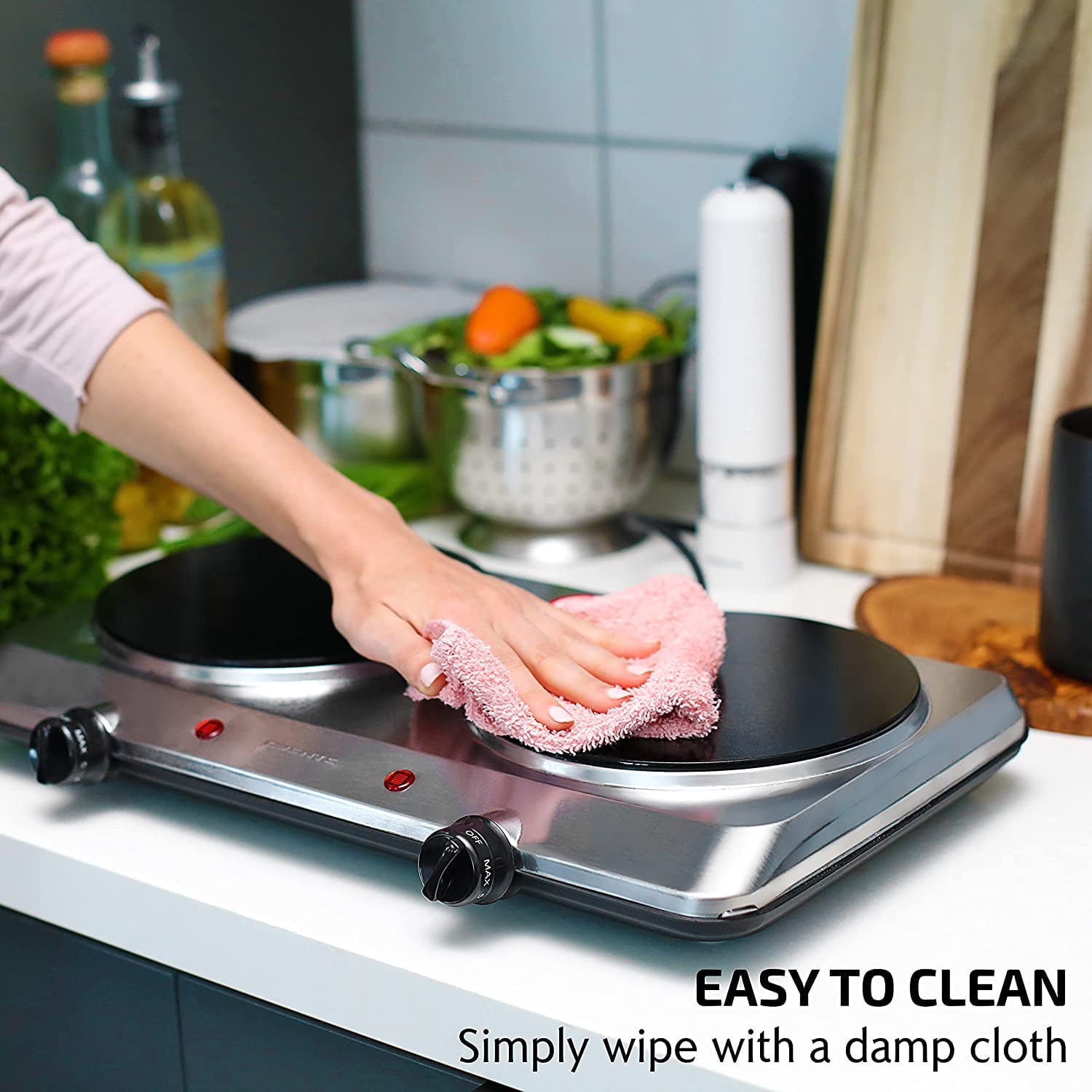 Countertop Infrared Double Burner, 1500W Electric Hot Plate with 7.5" Ceramic Glass Cooktop, 6 Level Temperature Control, Silver