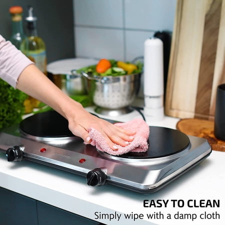Countertop Infrared Double Burner, 1500W Electric Hot Plate with 7.5" Ceramic Glass Cooktop, 6 Level Temperature Control, Silver