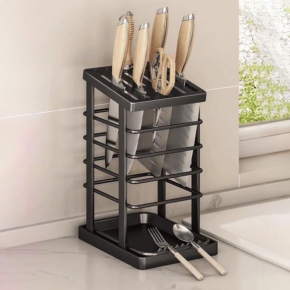 Countertop Integrated Knife Storage Rack with Draining, Kitchen Knife Holder Organizer, Multifunctional Knife Holster for Household Cutlery Storage