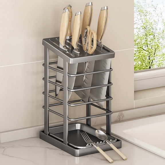 Countertop Knife Storage Rack with Draining Design, Stainless Steel Kitchen Knife Holder for Household Organization