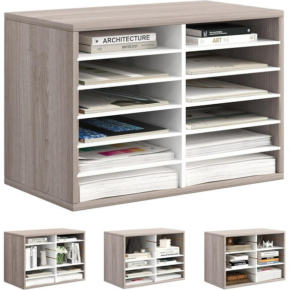 Countertop Mail Organizer, 12 Slot Wooden Sorter, Storage Rack Folders for Office Classroom, Gray