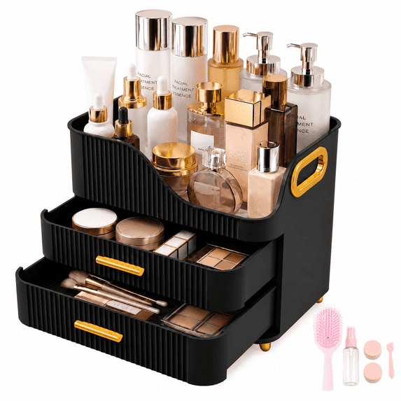 Countertop Makeup Organizer with Drawers, 3 Tier Cosmetic Storage Box with Beauty Accessories Set, Vanity Bathroom Counter Dresser Skincare Display Case for Lipsticks, Beauty Palettes, Black