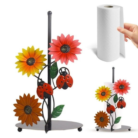 Countertop Metal Paper Towel Holder Flowers Christmas Vertical Tissue Holder Rack Kitchen Roll Paper Stand Organizers/ Iron Table Paper Towel Holder Ladybug Style Tricolor Flower