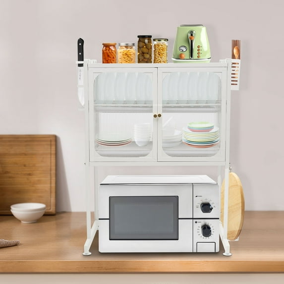 Countertop Microwave Oven Rack, Kitchen Dying Rack with Storage Cabinet Tableware Organizer Shelf with Draining Trays Knife/Chopping Board Holder