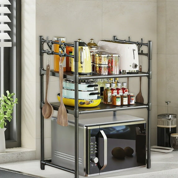 Countertop Microwave Oven Shelf Organizer | Thickened Plastic Multi-Tier Kitchen Storage Rack, White, 28.3"x23.4"x13", No-Drill Install, Rust-Resistant, Towel & Spice Hooks