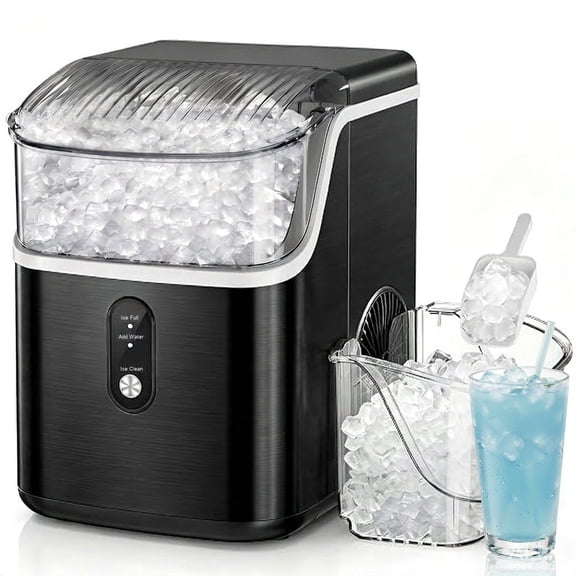 Countertop Nugget Ice Maker, Pebble Ice Machine with Chewable Pellet Ice, 35Lbs/24H, Self-Cleaning, Sonic Ice, One-Click Operation, for Kitchen,Party Stainless Steel Black