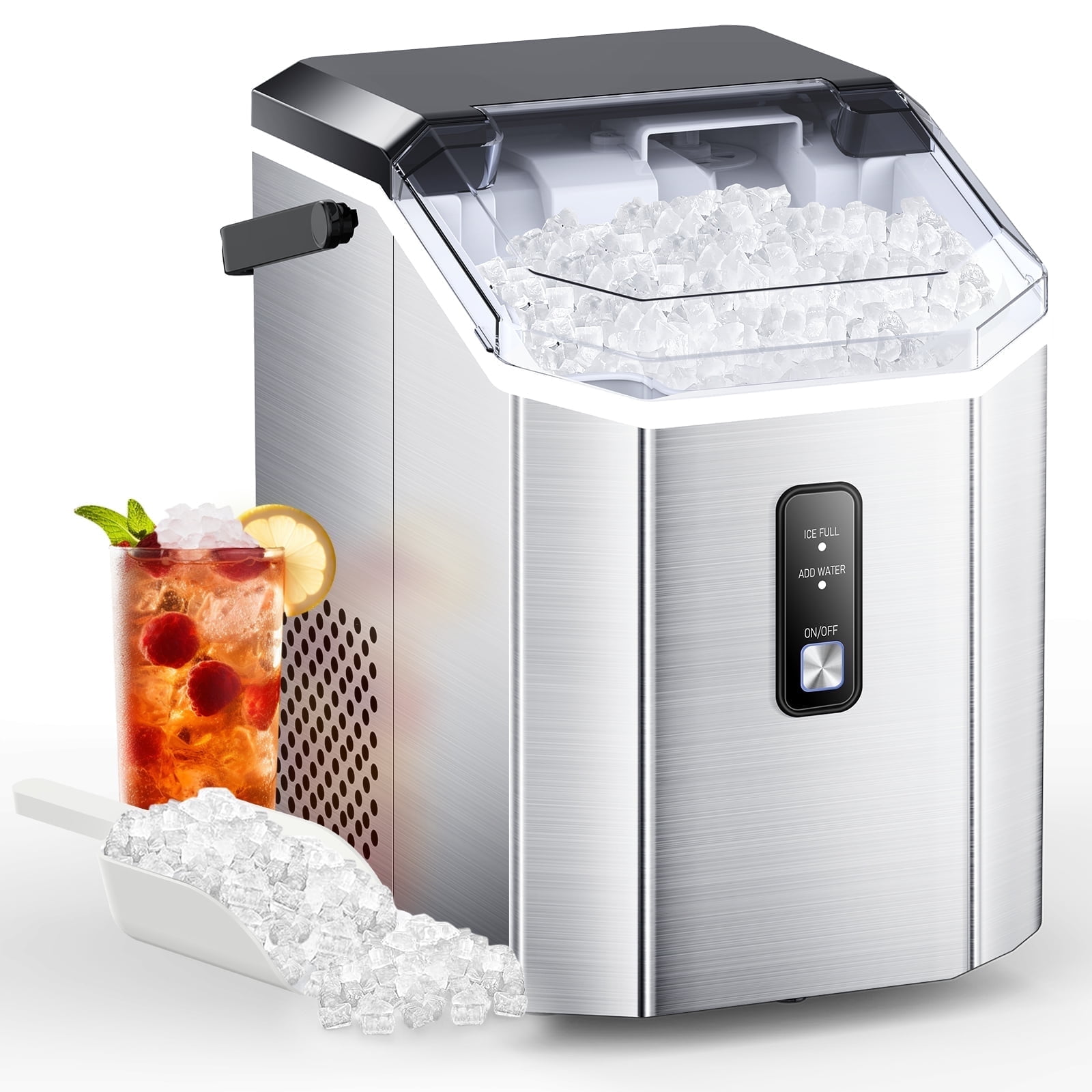 Countertop Nugget Ice Maker, Stainless Steel, 33lbs/Day, Self-Cleaning, Portable Nugget Ice Maker Machine with Handle, Scoop and Basket, Silver