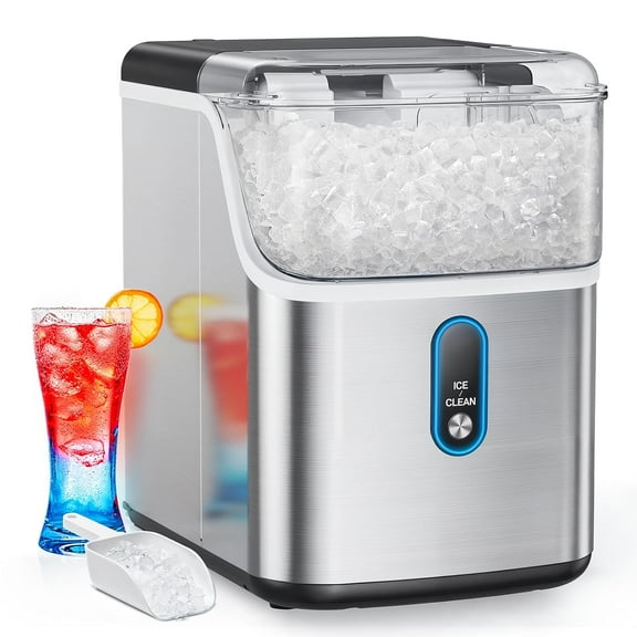 Countertop Nugget Ice Maker producing 33 lbs of soft chewable pellet ice per day, featuring self-cleaning and LED indicator, suitable for home, kitchen, camping, RV, and office use.