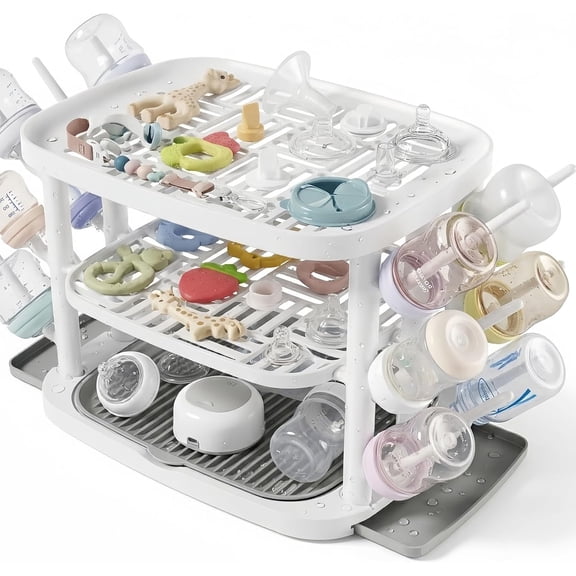 Countertop Organizer for Baby Bottles  3-Tier Large Capacity Drying Rack with 360    Ventilation, Removable Drip Tray, Non-Slip Base, Easy Clean Holder for Accessories