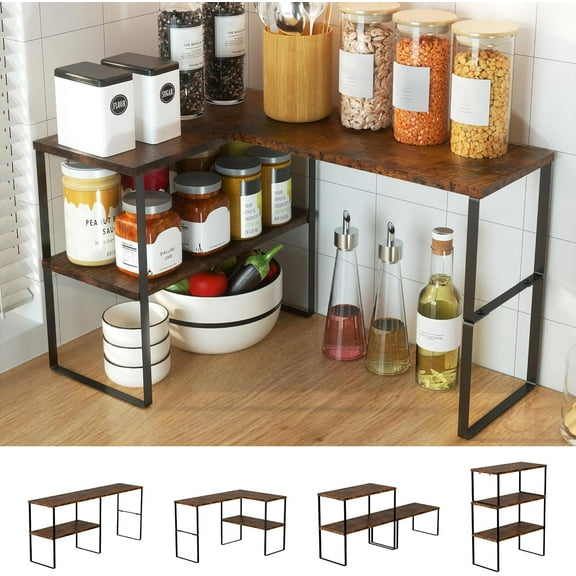 Countertop Organizer Corner Shelf, 2 Tier Adjustable Stackable Corner Shelves for Kitchen, Bathroom, Spice Rack, Coffee Area, Over Sink, Dresser Table, Corner Counter Shelf Stand, Rustic Brown