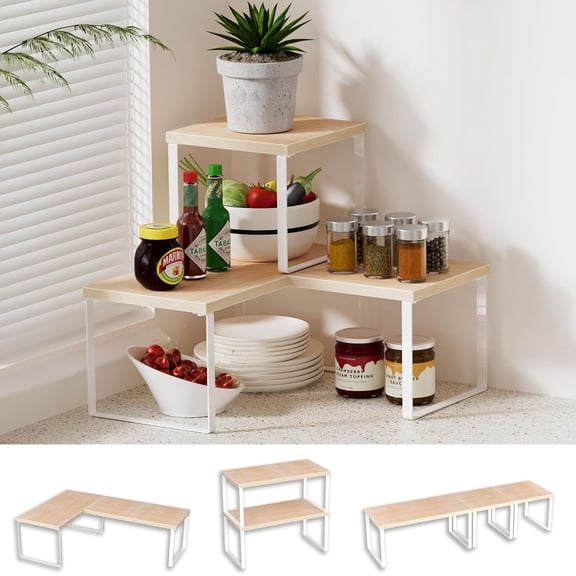 Countertop Organizer Corner Shelf, 2 Tier Adjustable Stackable Corner Shelves for Kitchen, Bathroom, Spice Rack, Coffee Bar, Cabinet, Dresser Table, Corner Counter Shelf Stand, Natural Beige