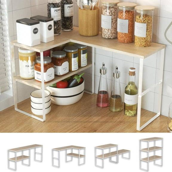 Countertop Organizer Corner Shelf, 2 Tier Adjustable Stackable Corner Shelves for Kitchen, Bathroom, Spice Rack, Coffee Bar, Over Sink, Dresser Table, Corner Counter Shelf Stand, Natural Beige