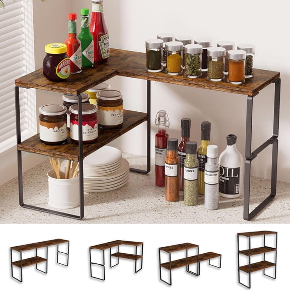 Countertop Organizer Corner Shelf, 2-Tier Adjustable Stackable Corner Shelves for Kitchen, Spice Rack, Coffee Area, Over Sink, Bathroom, Dresser Table, Corner Counter Shelf Stand, Rustic Brown