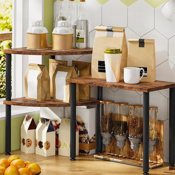 Countertop Organizer with 3-Tier Kitchen Corner Shelf, Spice Rustic Brown Black