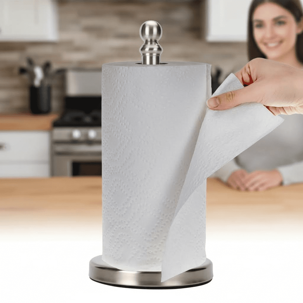 Countertop Paper Towel Holder with Weighted Base for Kitchen and Bathroom, One-Handed Operation, Brushed Nickel Finish