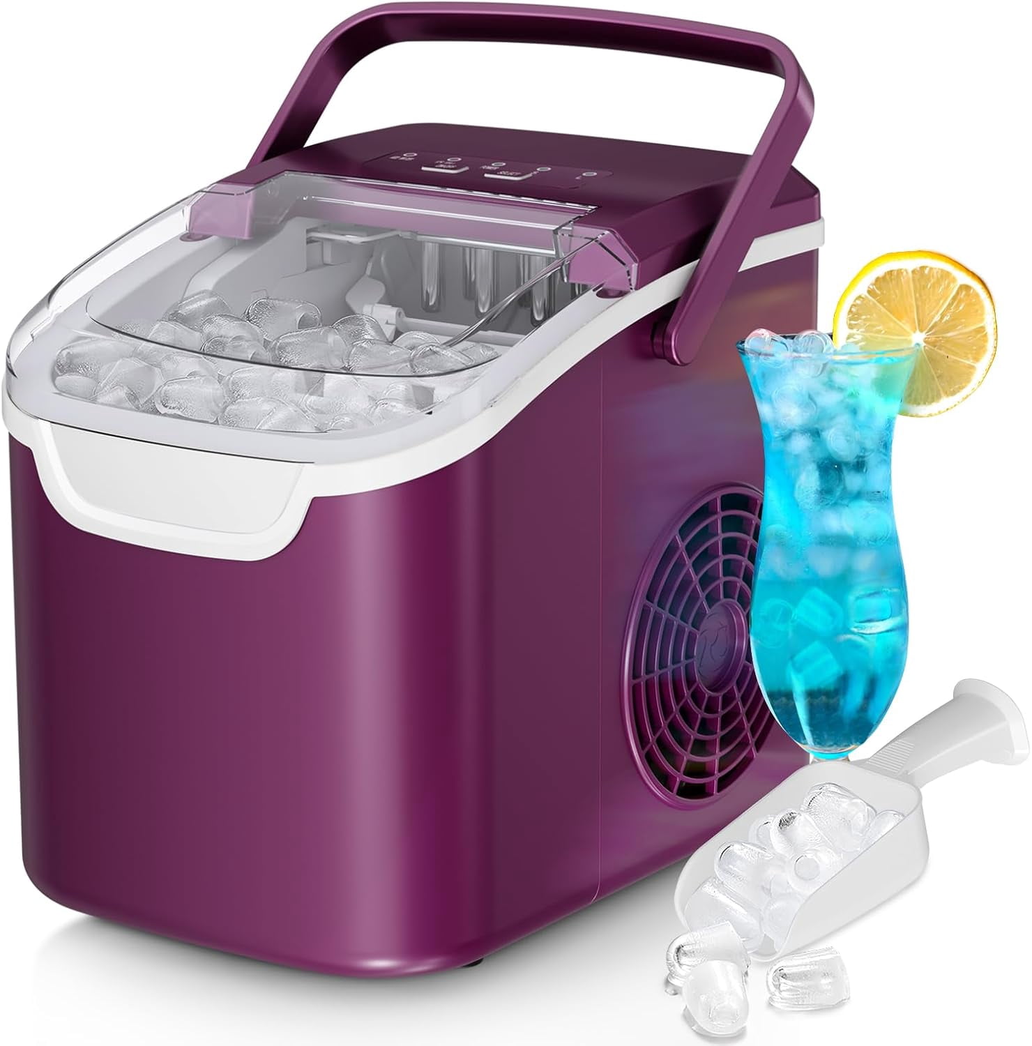 Countertop Portable Ice Maker Machine, 8 Ice Cubes in 6 Mins, 26Lbs/Day Output, 2 Sizes Bullet Ice, Energy Saving Mini Ice Machine with Ice Basket & Scoop, Black for Home, Party, Travel, Camping & Ba