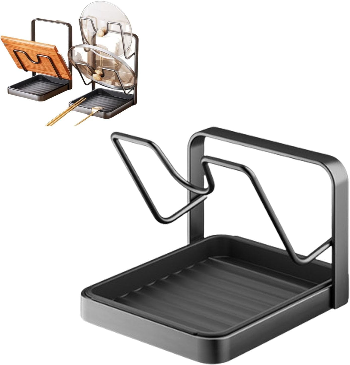 Countertop Pot Lid Organizer with Removable Drip Tray - Multifunctional Kitchen Tool Holder for Lids, Spoons & Utensils While Cooking