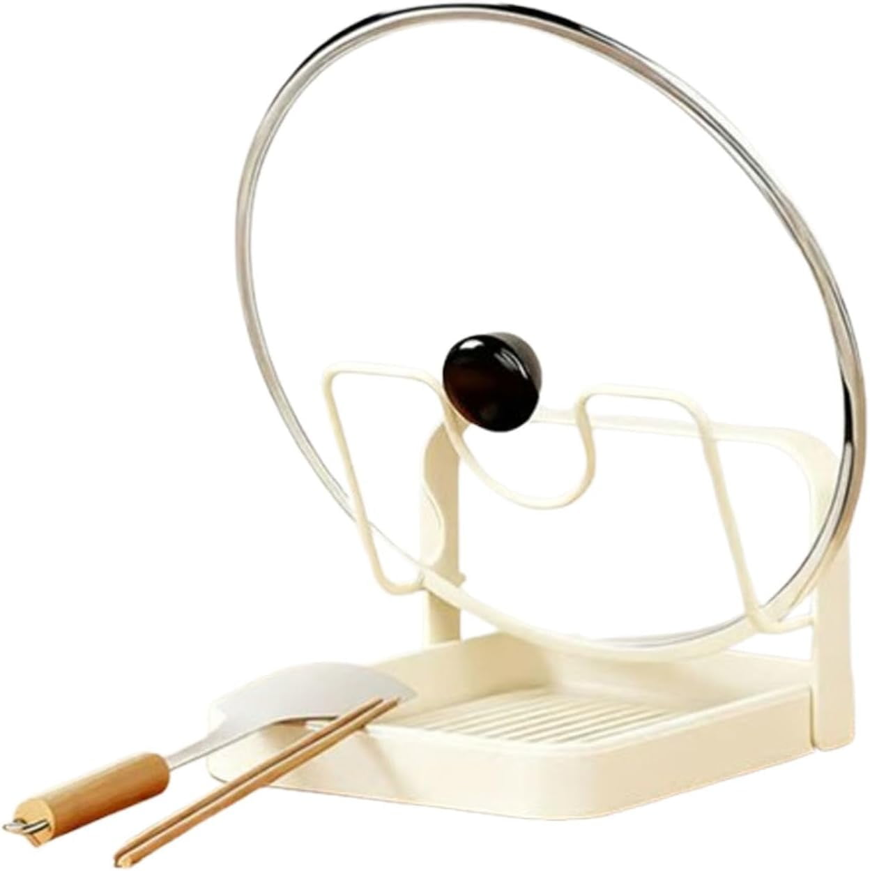 Countertop Pot Lid Organizer with Removable Drip Tray - Multifunctional Kitchen Tool Holder for Lids, Spoons & Utensils While Cooking