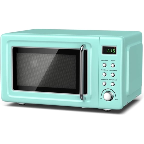 Countertop Retro Microwave Oven, 0.7 Cu Ft Small Microwave with Defrost, 5 Power, 8 Auto-cooking Set & Lock, Compact Microwave w/ 60min Timer, LED Display, 700W, Mint Green