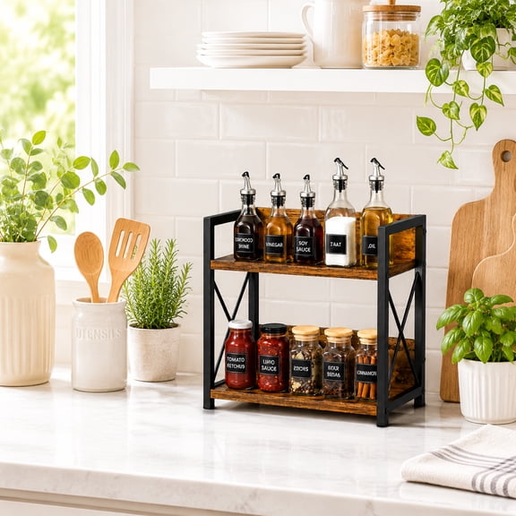 Countertop Shelf Organizer, 2 Tier Wood Spice Rack for Countertop, Coffee Bar Accessories Coffee Station Organizer, Home Kitchen Storage Shelf, (Rustic Brown | Large)