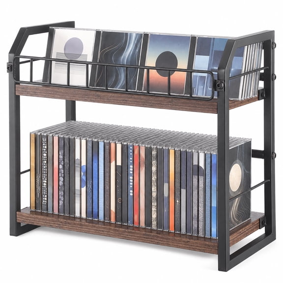 2-Tier CD Storage Rack, Metal Wood CD Storage Shelf, Organizer Rack with Non Slip Pads & Raised Guardrail, 11 lbs Load Capacity, Open Countertop Stand for Office, Kitchen