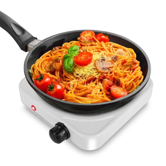 Countertop Single Coiled Burner 1000W Electric Hot Plate 5 Temperature Control Kitchen Cooker Stove with Non Slip Rubber Feet Easy to Clean White