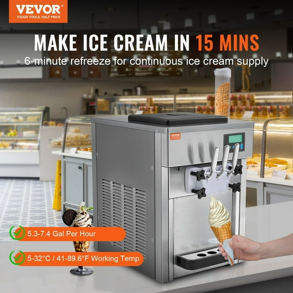 Countertop Soft Serve Ice Cream Machine Commercial, 21 QT Per Hour, 3 Flavors, 2x4L Hoppers, 1800W, LCD Panel, Auto Pre-cooling & Clean, Ideal for Snack Bars Restaurants