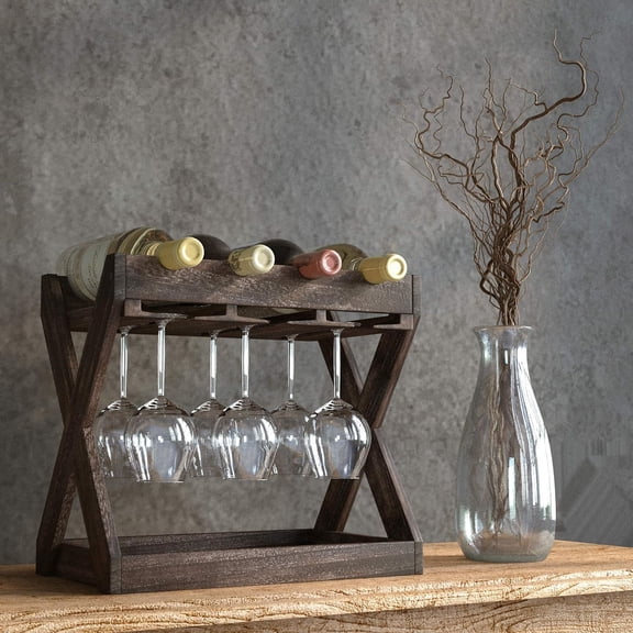 Countertop Solid Wood Wine Rack for 4 Bottles and 6 Stemware Glass Holder Cork Storage Tabletop Tray Freestanding Organizer - Home, Kitchen, Dining Room Bar
