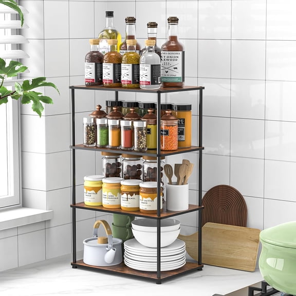 Countertop Spice Rack, Stackable Wood & Metal Pantry Cabinet Shelf Organizer Storage, 4-Tier or Split into 22-Tier, Multi-Use for Kitchen Bathroom Desktop Home Office, Rustic Brown