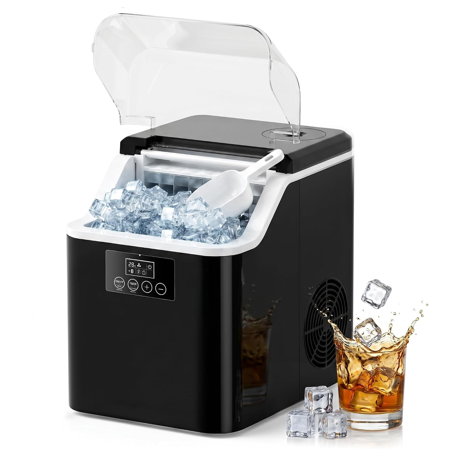Countertop Square Ice Cube Maker Machine 45lbs/Day, 24 Cubes Per Cycle 6-13 Mins Fast Ice, Timer Auto Self Clean Manual & Auto Water Connect for Home Bar Office