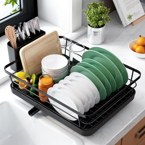 Countertop Stainless Steel Dish Drying Rack, Compact Rust-Proof Dish Drain Organizer with Detachable Cutlery Holder & Drainboard for Kitchen Plates, Bowls, Glasses