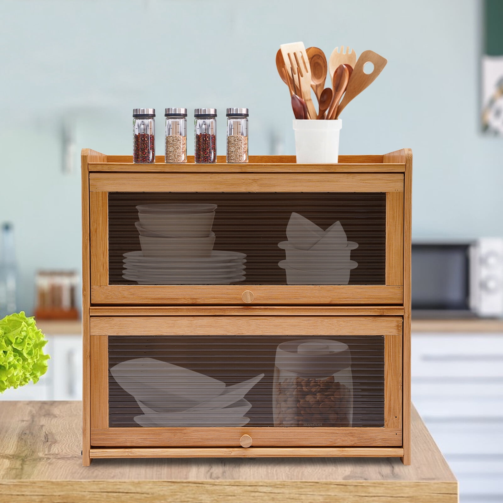 Countertop Storage Cabinet, Fully Sealed, 2 Tiers Organizer Shelf with ...