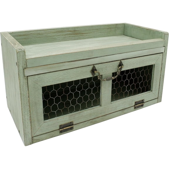 Countertop Storage Organizer, Rustic Kitchen Cabinet with Chicken Wire, Kitchen Pantry Display Shelf, Country Style. Distress Teal