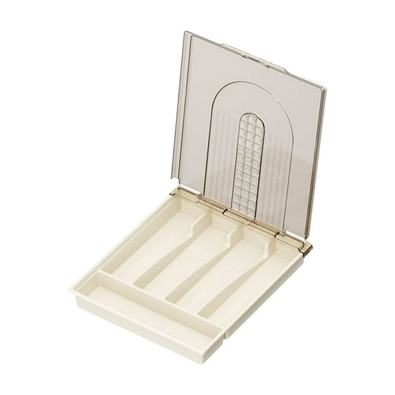 Countertop Utensil Holder With Lid, Plastic Silverware Tray For Drawer, 5 Compartments Flatware Organizer(One Size,Beige)