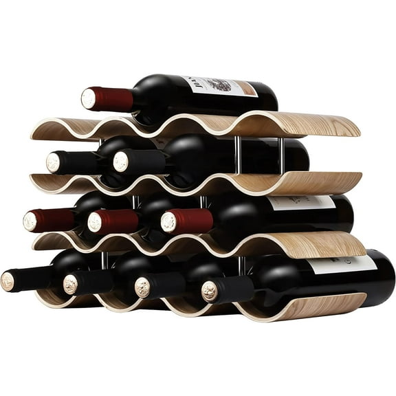 Countertop Wine Rack - 14 Bottle Freestanding Wine Bottle Holder Stand - 4 Tier Wooden Wine Storage Rack - Wavy Wine Organizer for Cabinet Pantry Home Kitchen Bar