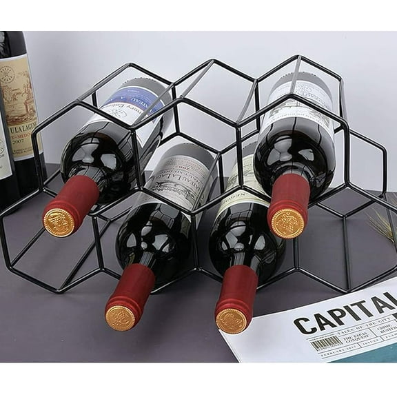 Countertop Wine Rack Freestanding, Small Metal Honeycomb Wine Holder Stand, Black 9 Bottle Organizer for Water Bottles, Tabletop Storage Rack for Home Kitchen Bar