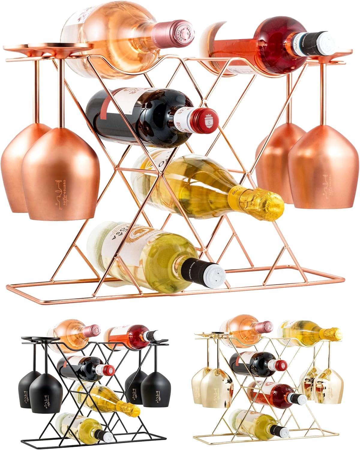 Countertop Wine Rack with Glass Holder for 8 Bottles & 4 Glasses, Small ...