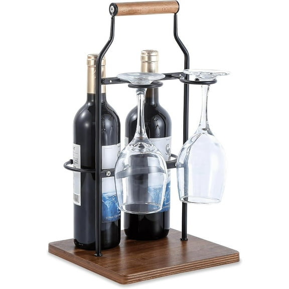 Countertop Wine Rack and Glass Holder | Portable Wine Caddy Holds 2 Bottles & 2 Glasses | Small Wine Rack with Wood Base, Perfect for Tabletop Wine Storage & Home Bar Decor